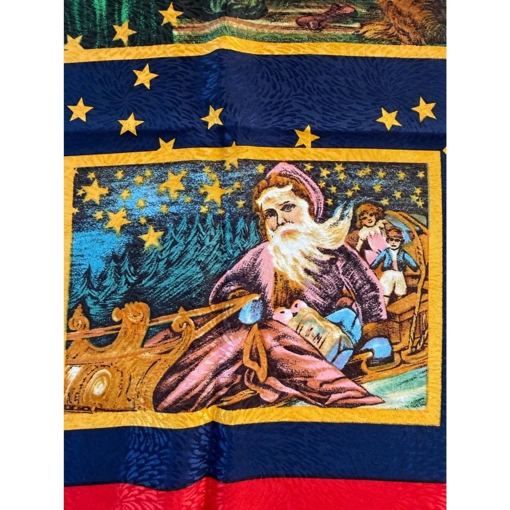 Vintage Peacock Silk Trading Co Santa Christmas Lg Square Scarf Navy Red Retro